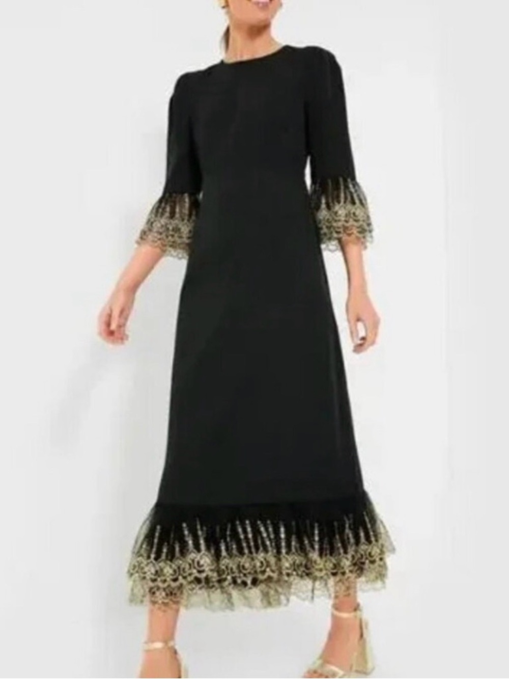 Pomander Place Black Maxi Dress with Gold Lace Trim